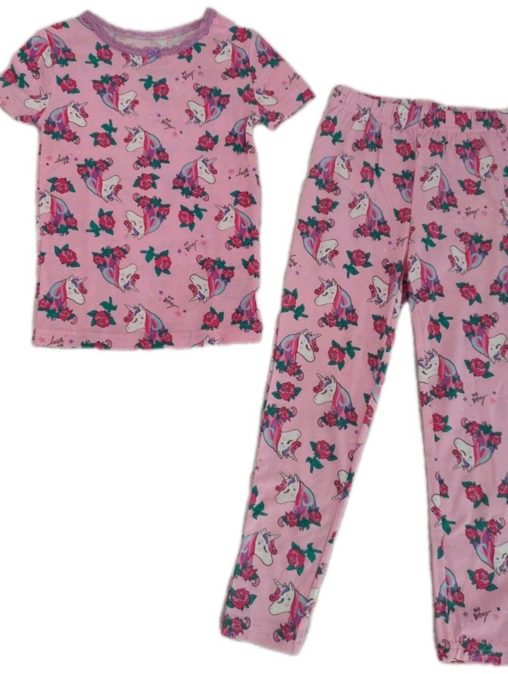 Betsey Johnson Unicorn & Roses Pajamas 4 Girl's Two Piece PJs Pink Purple Set